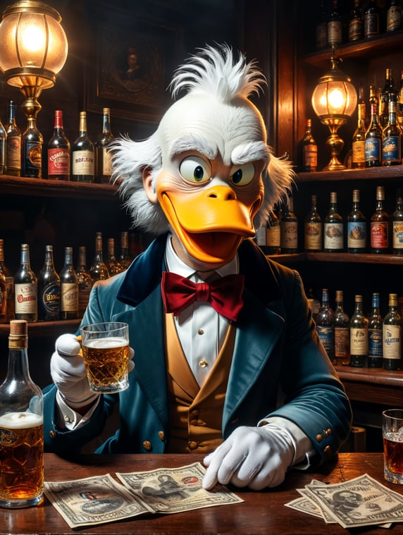 Scrooge McDuck (English Scrooge McDuck) or Uncle Scrooge (English Uncle Scrooge) is a character in cartoons, fairy tales and comics, an anthropomorphic drake-billionaire of Scottish origin from the city of Glasgow[4], the main character of the Disney animated series "DuckTales" Create a picture where the main character drinks in a bar, 90s style; Скрудж Макдак (англ. Scrooge McDuck) или дядя Скрудж (англ. Uncle Scrooge) — персонаж мультфильмов, сказок и комиксов, антропоморфный селезень-миллиардер шотландского происхождения из города Глазго[4], главный герой диснеевского мультсериала «Утиные истории» Создать картинку, где главный герой выпивает в баре, стиль 90-е года