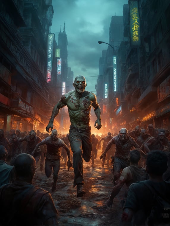 tshirt print design of ZOMBIE HORDE RUNNING THROUGH CITY, cyberpunk