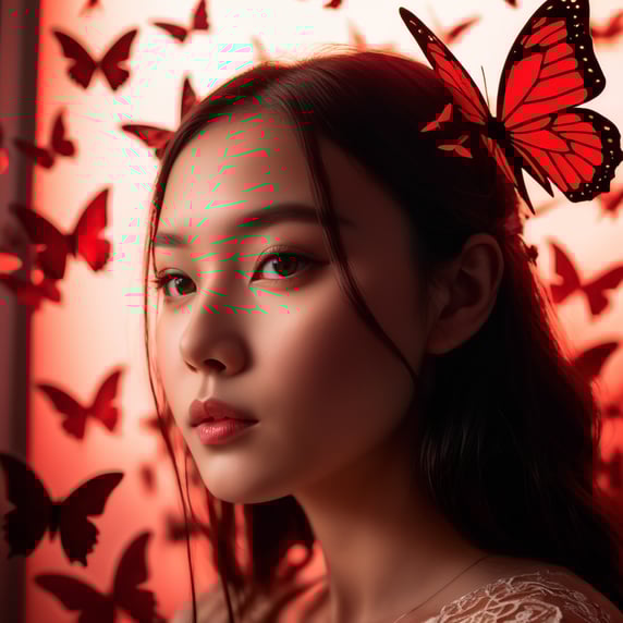 Paper cut scene, paper cut girl in the foreground, red lighting behind her, mystical atmosphere, paper cut butterflies flying around