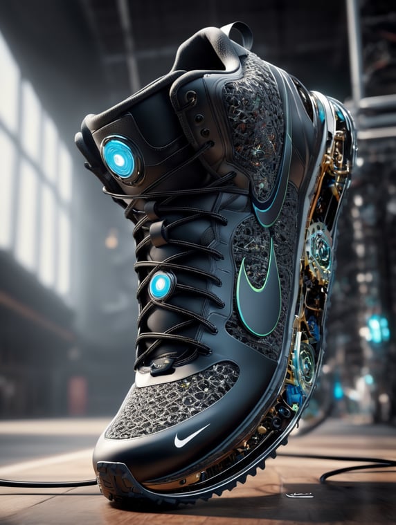 Nike sneakers made out gears, wires, mechanical, electronics, pcb, hyper-realis, futurist, stunning unreal engine render, product photography 8k, hyper-realistic. surrealism