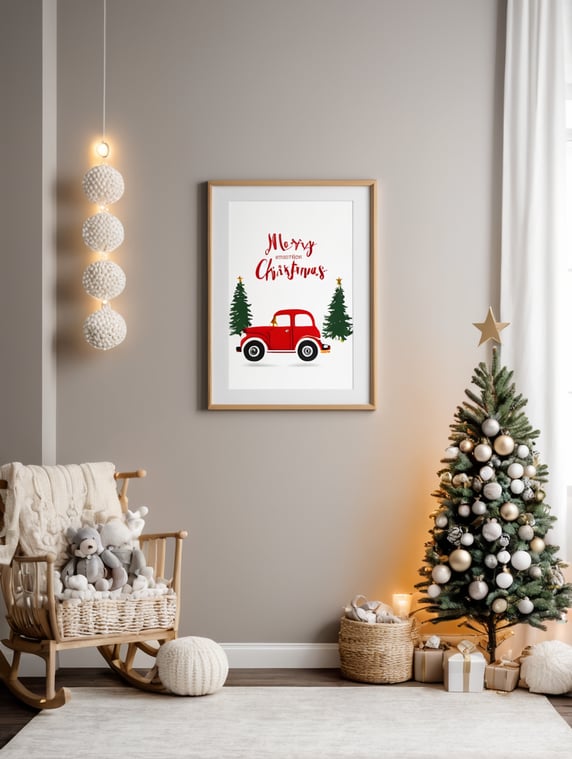 vertical frame wall mockup, nursery with christmas decorations, neutral colors and christmas lights