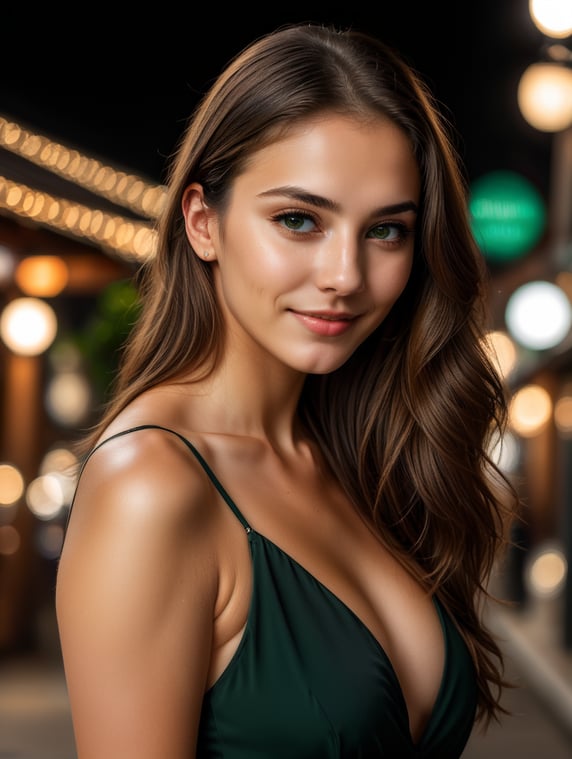 mid shot at night, realistic,highly detailed of a gorgeous 21-year-old italian girl,5,57 feet tall,134 lbs weight,long,straight,brown hair,green eyes,athletic body,she is dressed in a short black dress,she is taking off her high heel shoes,she is looking at he camera,she is smiling,nice atmosphere,smooth light