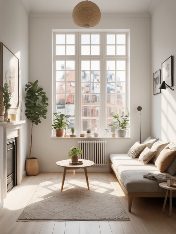 interior apartment with sandinavian style, sunray feom tge window but not over blown