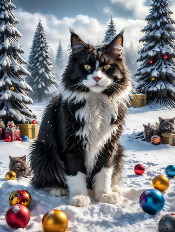 an Icelandic black and white maine coon cat in an snowy environment, with trees in the background, lots of toys, with some mice