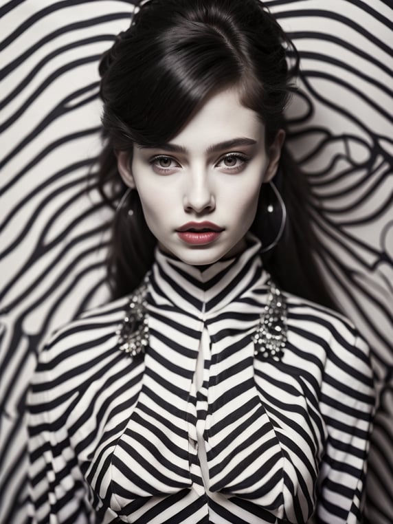 Pale-skinned girl model, wearing a black and white striped dress with a high collar, contrast lighting, Bright red make-up, Black and white curly long hair, dark background, fashion model, magazine cover, professional shot,