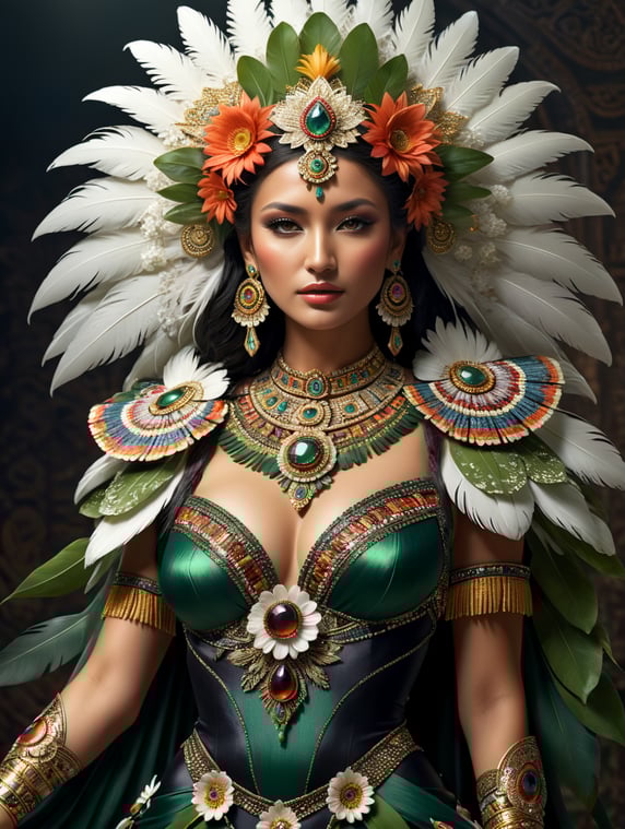 Xochiquetzal, (Nahuatl: “Precious Feather Flower”) Aztec goddess of beauty, sexual love, and household arts, who is also associated with flowers and plants. According to Aztec mythology, she came from Tamoanchán, the verdant paradise of the west. FULL BODY From head to toe. miss universe night gown super elegant dress full of precious stones inspired by this concept
