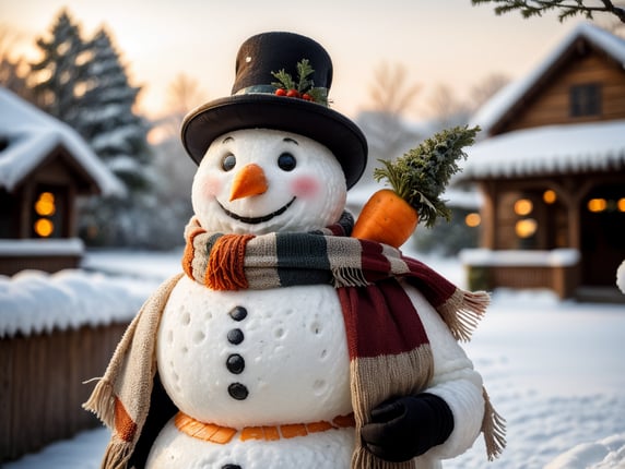 A snowman with a hat, a scarf, and a carrot