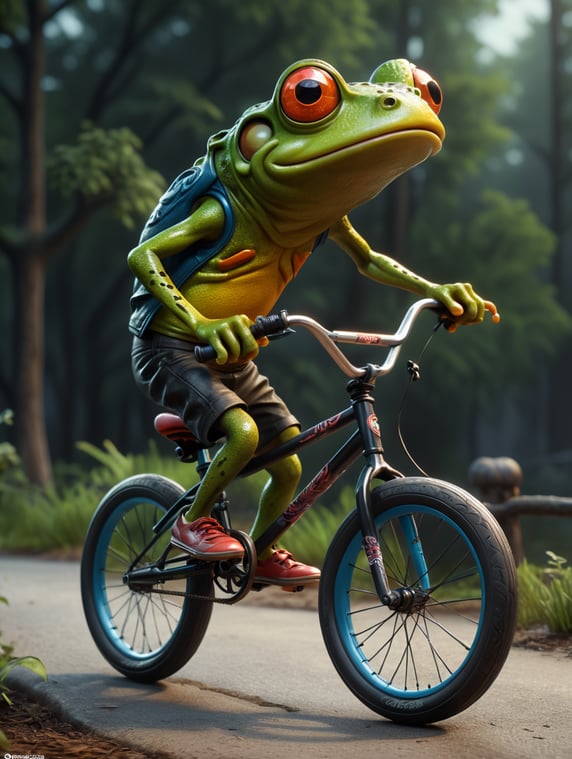stylized cartoon skinny frog ride bmx , full size, sculpt cartoon style stylized zbrush render