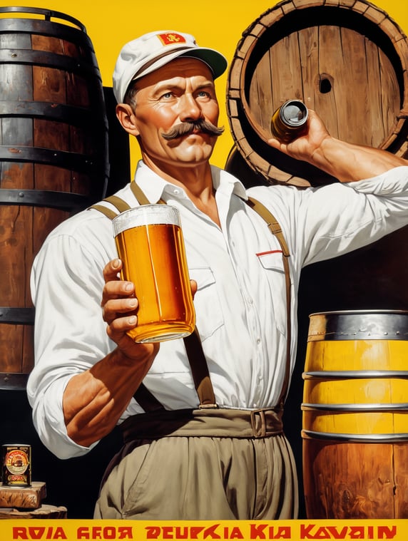 poster, A Soviet man in a white shirt and cap holds a mug of kvass in his hands, a Soviet yellow barrel of kvass can be seen in the background