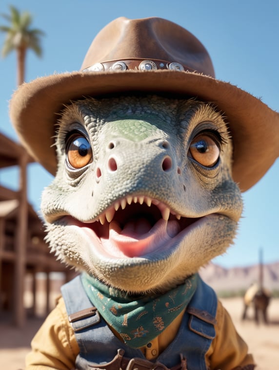 an adorable and fluffy baby dinosaur with big coloured eyes, looks like clint eastwood, same eyes as clint eastwood, cowboy, bandana over mouth, western, desert, with a western village and saloon, sandstorm, old revolver in hand, bright sky, with blur background, high quality, 8k