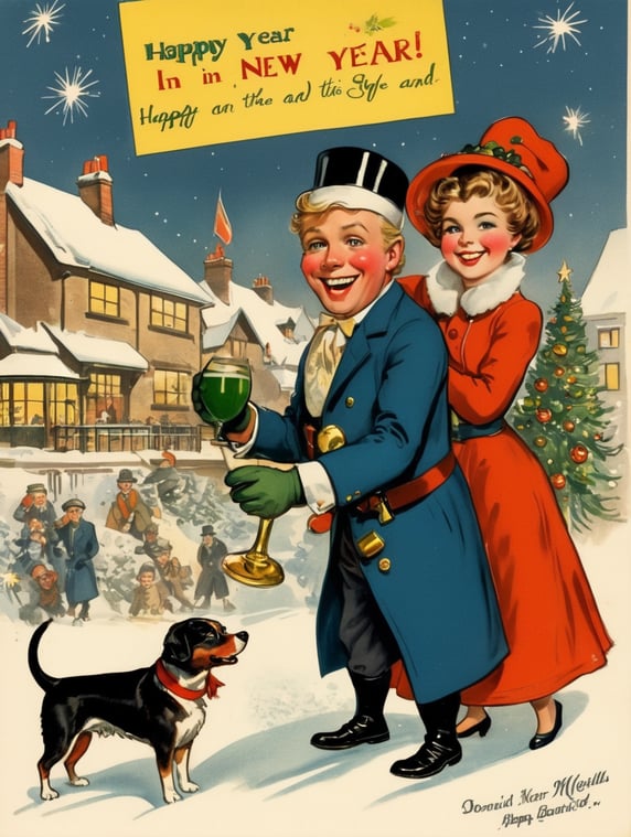 Illustration of Happy New Year in the style of Donald Fraser Gould McGill and a Bamforth postcard