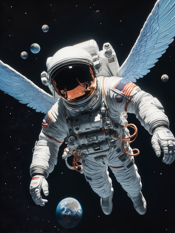 Design an astronaut in katsuhiro otomo style flying in dark space neon lights