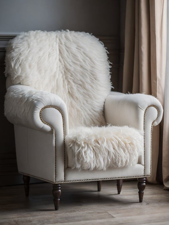 a white soft sheep chair, wood carved head and legs of the sheep, body is white wool