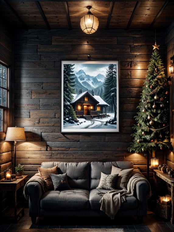 vertical picture wall mockup, natural christmas, cozy log cabin, neutral colors