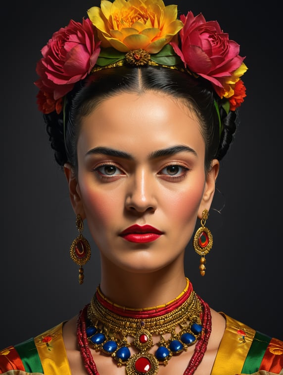 Portrait of Frida kahlo, bright and saturated colors, elegant, highly detailed, vogue, fashion magazine, sharp focus, Bright expressive makeup, Dramatic Lighting, Depth of field, Incredibly high detailed, NO background