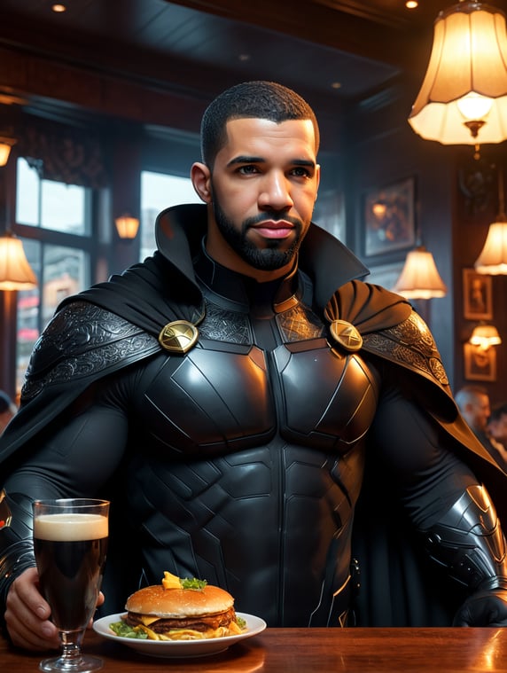 Photo of the hero of the cartoon Black Cloak, the mysterious superhero drake, in ordinary life - a resident of the suburbs and a family man Quack Lapchatyi. he eats in a restaurant 1990, Happy, front lighting, portrait