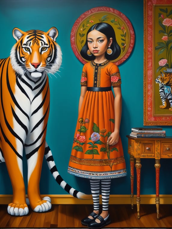 a girl with tiger, style of Catherine Nolin, Painting, Acrylic, Oil, Portrait, Interior, USA