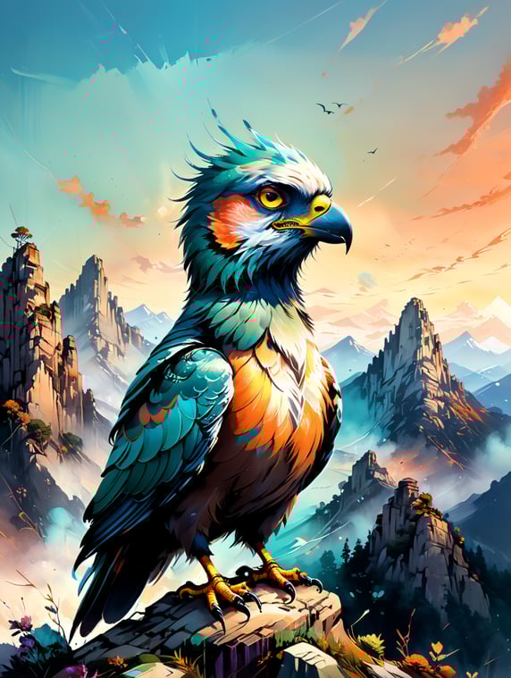 bird hawk looking at the horizon on top of a mountain, ultra-detailed, pastel colors, sharp-eyed