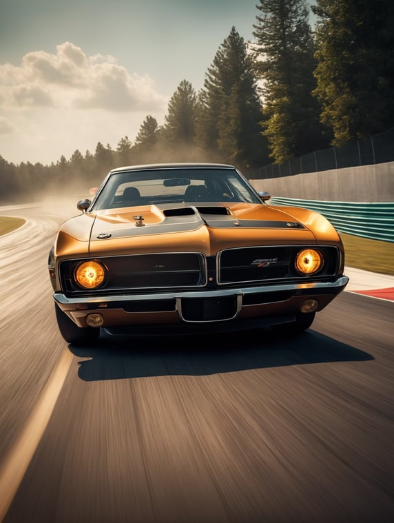 A video game rendering of an epic race track, Asphalt American vintage 1970's car, incredible graphics, 4k