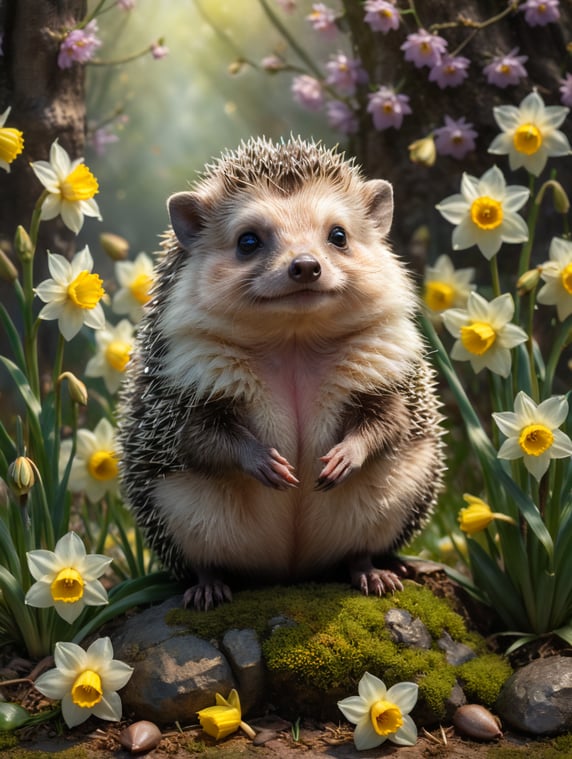 Little pretty hedgehog sitting up amongst pretty spring and daffodils flowers, clear background, bright watercolour wash