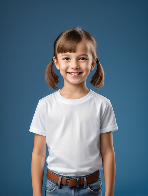 a boy and girl wearing white t-shirts, standing in front of blue background, blank shirts no print, 16 years old smiling toddlers, photo for apparel mock-up