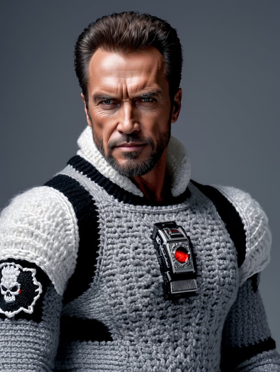 a terminator t-800 wearing very hirsute crocheted sweaters for sheeple, portrait