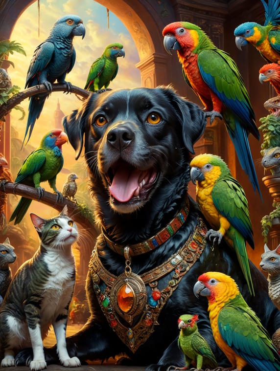 A dog, cat, lizard, and a parrot all together on a bright colorful background.