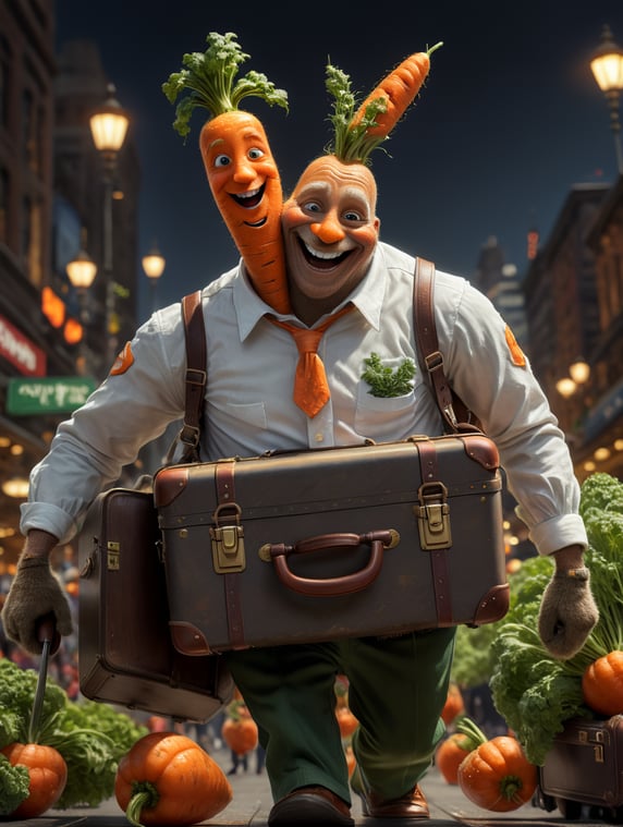 Anthropomorphic travelling carrot character smiling, carrying suitcase and wearing white “I love NY” shirt