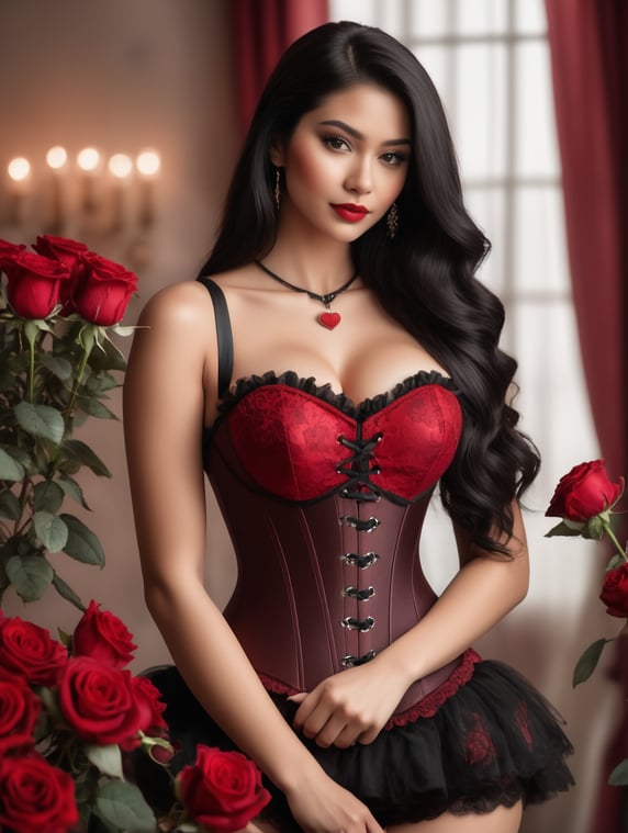 Photograph of female model is holding a teddy bear, inspired by valentines day, she is in a room with roses in the background, is wearing a red fitted corset, she exudes an hourglasses figure, with long dark color hair , minimalistic jewelry