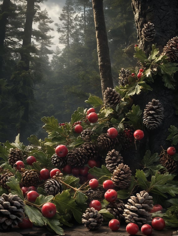 falling plants and fruit berries pine cones