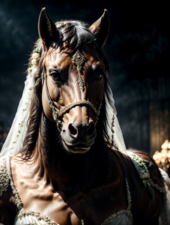 portrait of a horse with a wedding dress