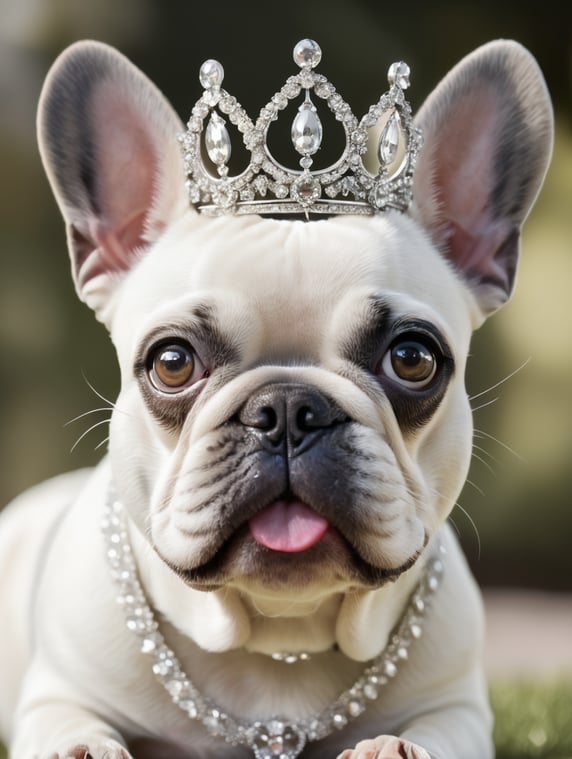 French bulldog female with longer snout, big eyes, cute smile, big nostrils, wearing a tiara