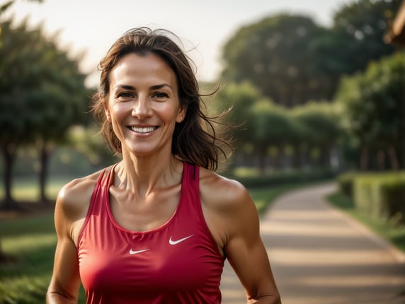 40 - 50 year old attractive woman dark brown hair smiling, jogging