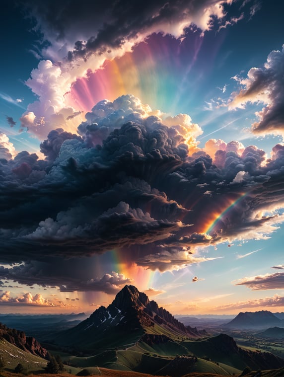 rainbow sky, candy world, cotton clouds, cinemtic, realistic, octane, lighting, sunset, sweet, drone view