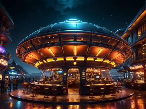 futuristic ufo cafe, mars, wasp shape, an night, neon, glass