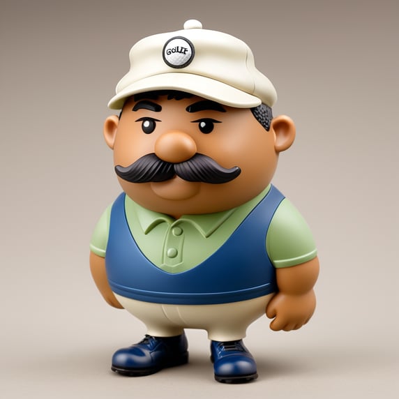 golf caddy with chunky golf ball body, short mustache and flat cap