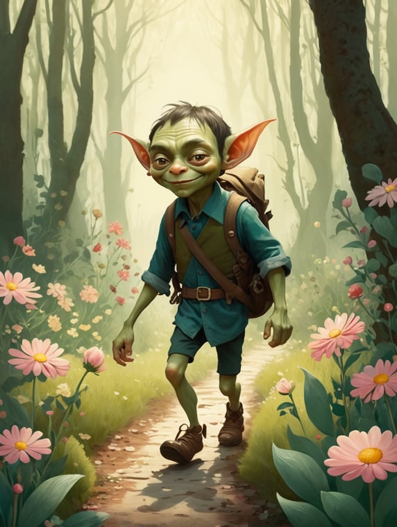 a little goblin walking in a flowery forest, children's book illustration