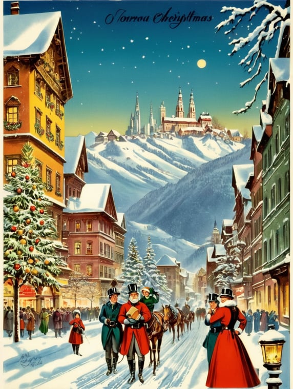 New York, Tyrol vintage Christmas postcard illustration