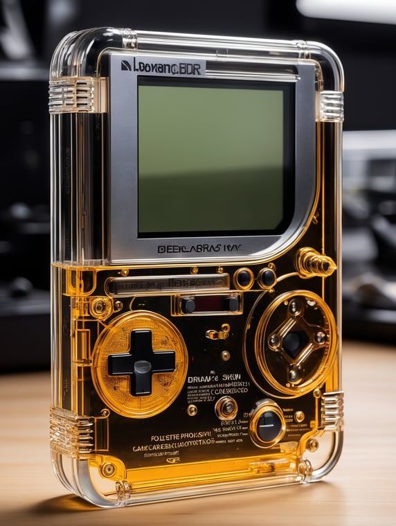 A see through polycarbonate game boy designed by dieter rams. industrial design inspiration. unreal engine render, natural lighting, on desk, beautiful shot