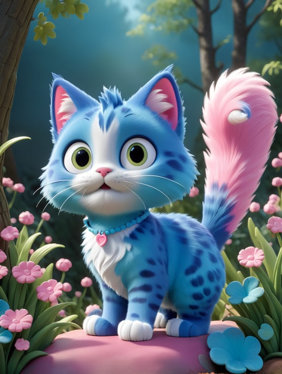 Envision a playful cat in 3D bas-relief, its bushy tail and mischievous eyes full of charm. The piece showcases an spring forest scene, with pink and blue