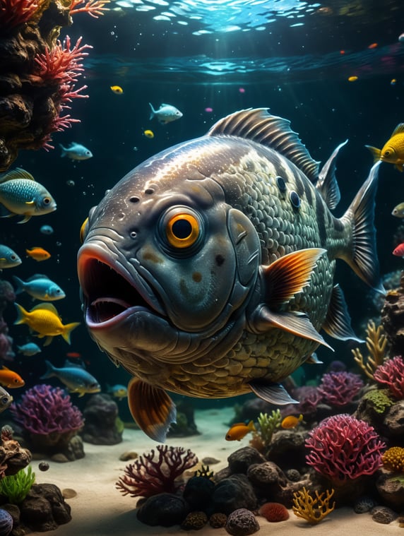 ball fish with bazooka in aquarium with many different fish; kugle fisk med bazooka i akvarie med mange forskellige fisk