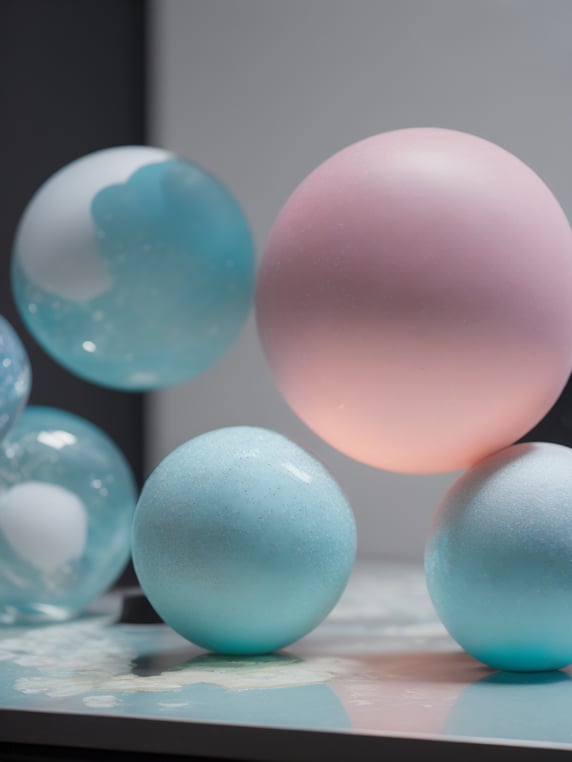 balls of unstirred paint marbling floating loosely in a empty photo studio, Emulsified, bubbles, liquids, oil layered on top, unmixed, studio lighting , mostly pink and light blue, but also some slightly deep white colours, trending on artstation, swirly, slick , powder, deep creases, relief, intricate, hdr, bokeh, photography, high entropy, 2 huge balls