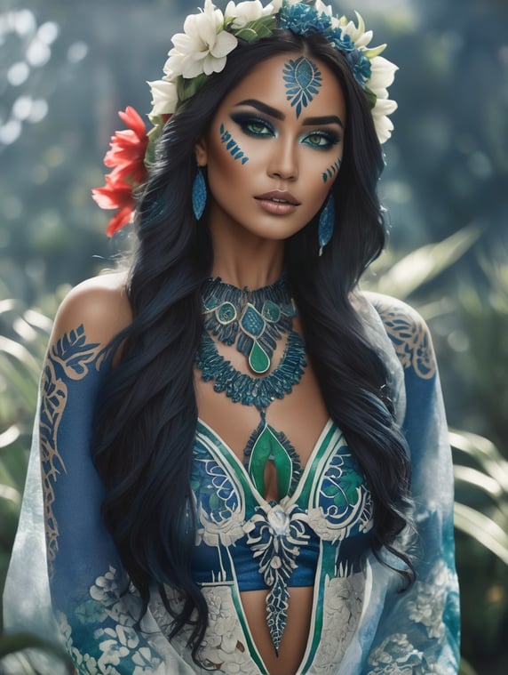 Illustration portrait closeup of beautiful blue faced Polynesian model, the skin of the model is covered in dark blue makeup, three colour tone illustration using dark blue, green and red, artwork, decorative floral artwork nature inspired textured vector shapes of tropical flowers, realistic illustration style, finely detailed, soft tones,