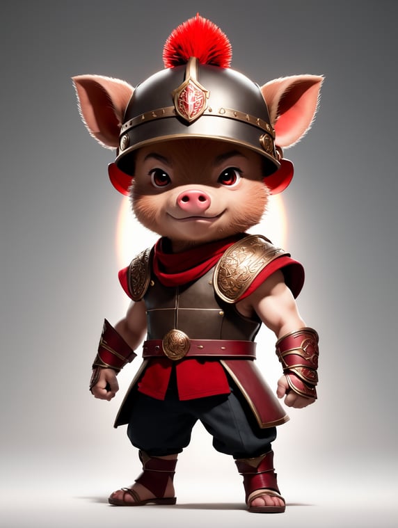 boar, gladiator, hat, simple background, pants, red headwear, vest, chibi, cinematic light