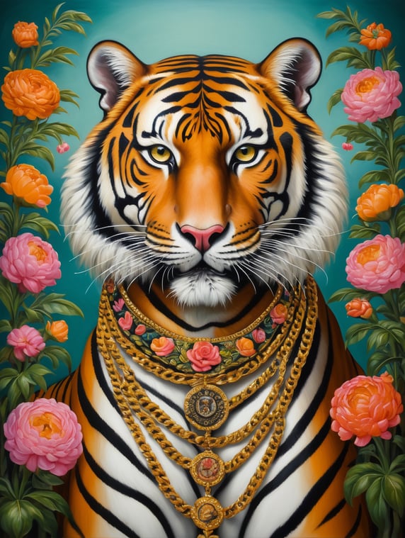 a brutal tiger with gold chain on neck, flowers background, style of Catherine Nolin, Painting, Acrylic, Oil, Portrait, Interior, USA