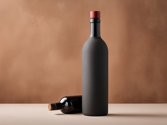 750 ml water bottle shaped like a matte black red wine bottle without labels and rustic cork lid cut glass texture blurred from bottom to top in terracotta color photo minimalist set; Botella de agua de 750 ml con forma de botella de vino tinto color negro mate sin etiquetas y tapa de corcho rústico textura de cristal cortado difuminada de abajo hacia arriba en Set minimalista fotográfico color terracota