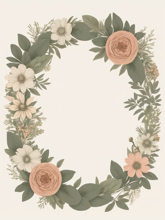 Vintage botanical rounded frame wreath illustration, flower circle frame, wedding day