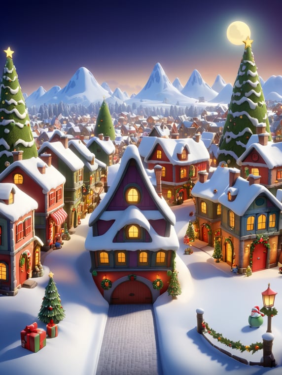 Create a Christmas image, include a village and in the middle of the image add the word Areli