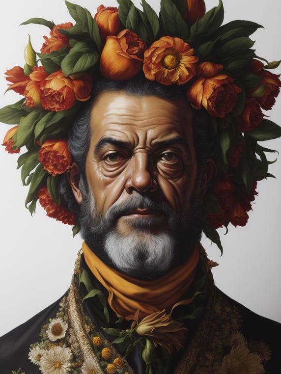 a painting of Luis Inácio Lula da Silva head surrounded by flowers and fruit, Painting, Oil, Still Life, Botanical, Italy, style of Giuseppe Arcimboldo