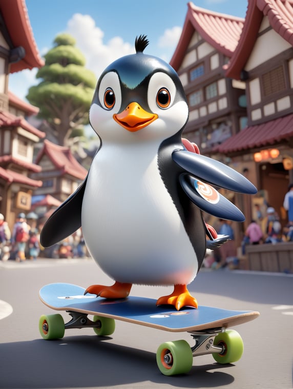 leica portrait of a cartoon anime penguin riding a skateboard through anime village